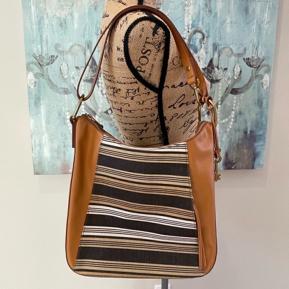 Fossil leather and canvas shoulder bag